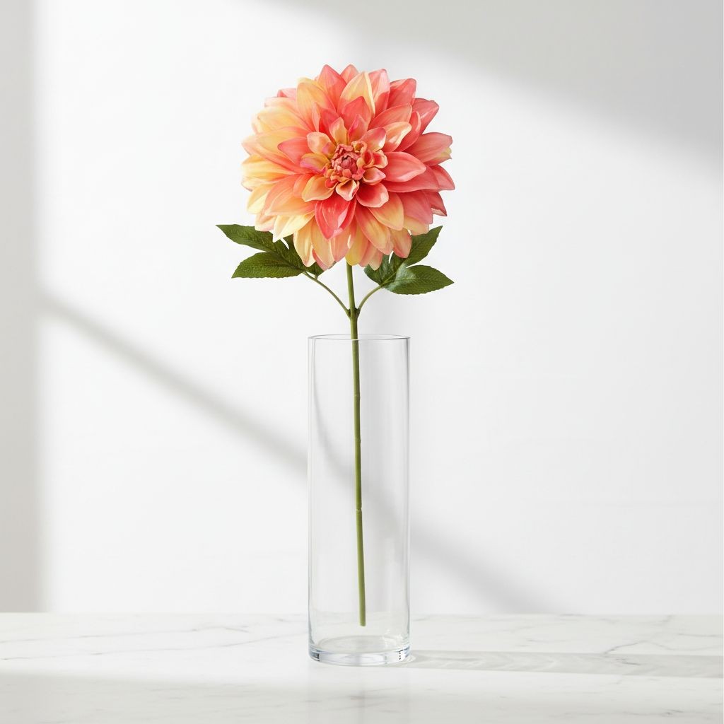 Coral Dahlia Stem Faux Flower 24 Inch 5 Inch Bloom Coral Yellow Artificial Dahli
