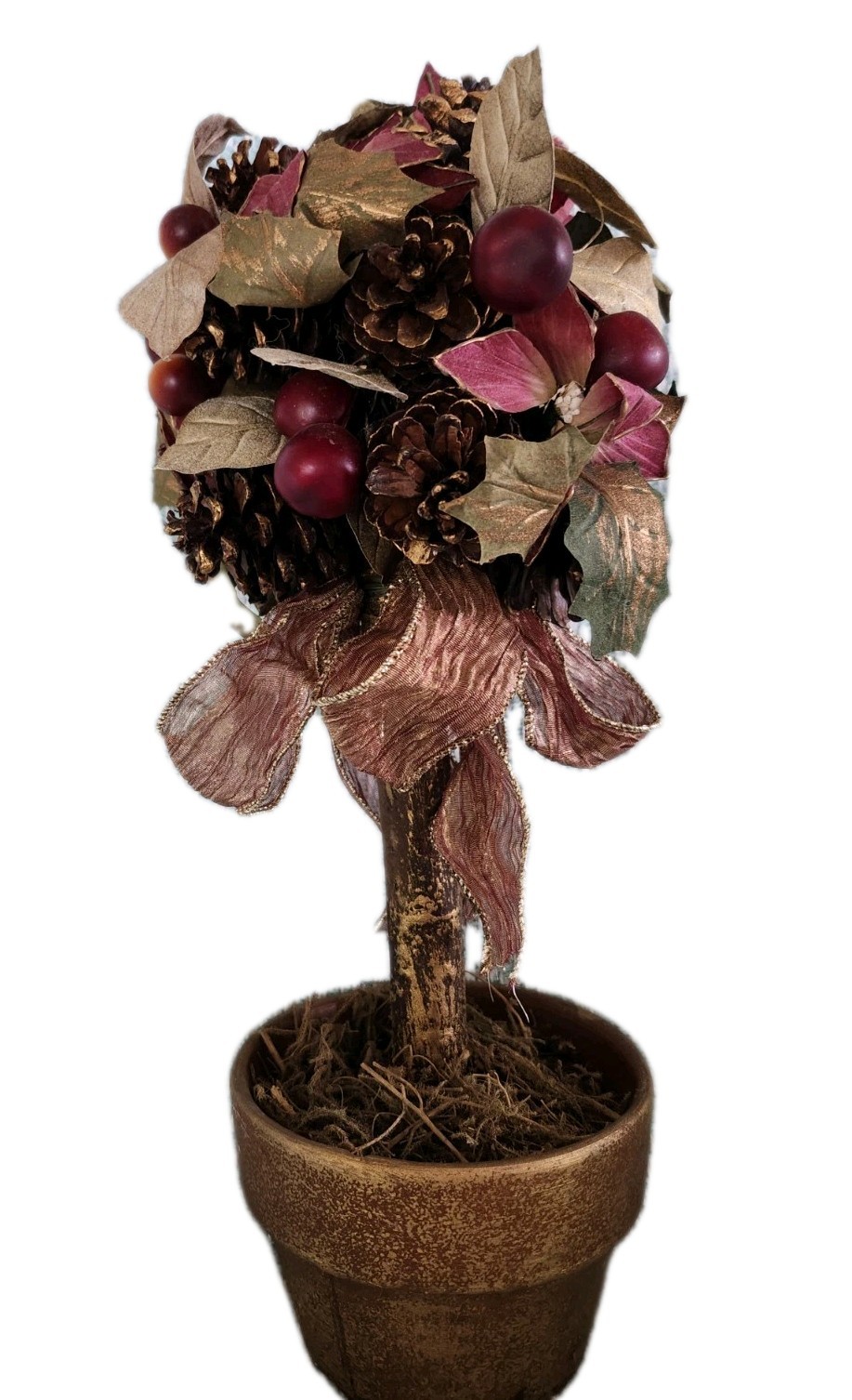 Artificial Topiary Tree Pinecones, Leaves, Berries, Mauve & Gold Color 15”