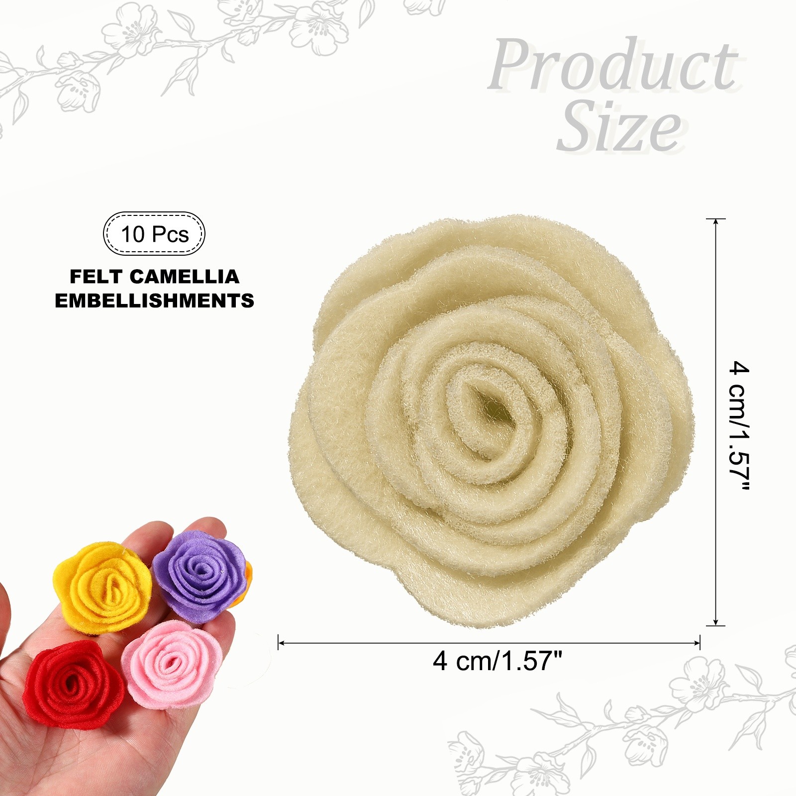 10 Pcs Felt Flowers Embellishments, Nonwoven Camellia Ornament, Khaki
