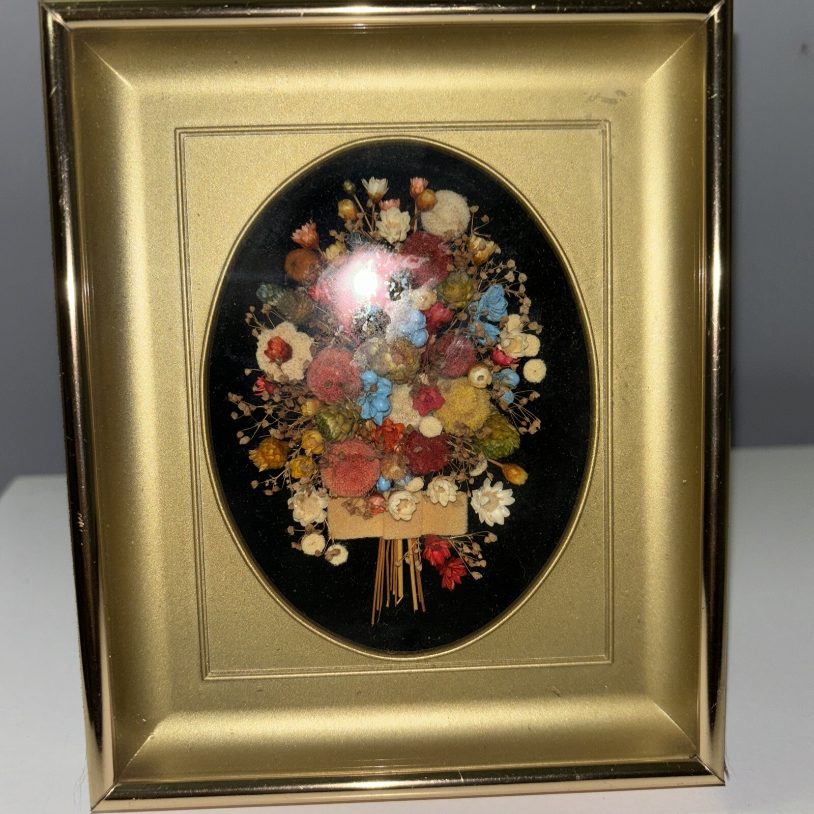 Vintage Pressed Dried Miniature Bouquet Art Velvet Gold Toned Frame MCM Cottage