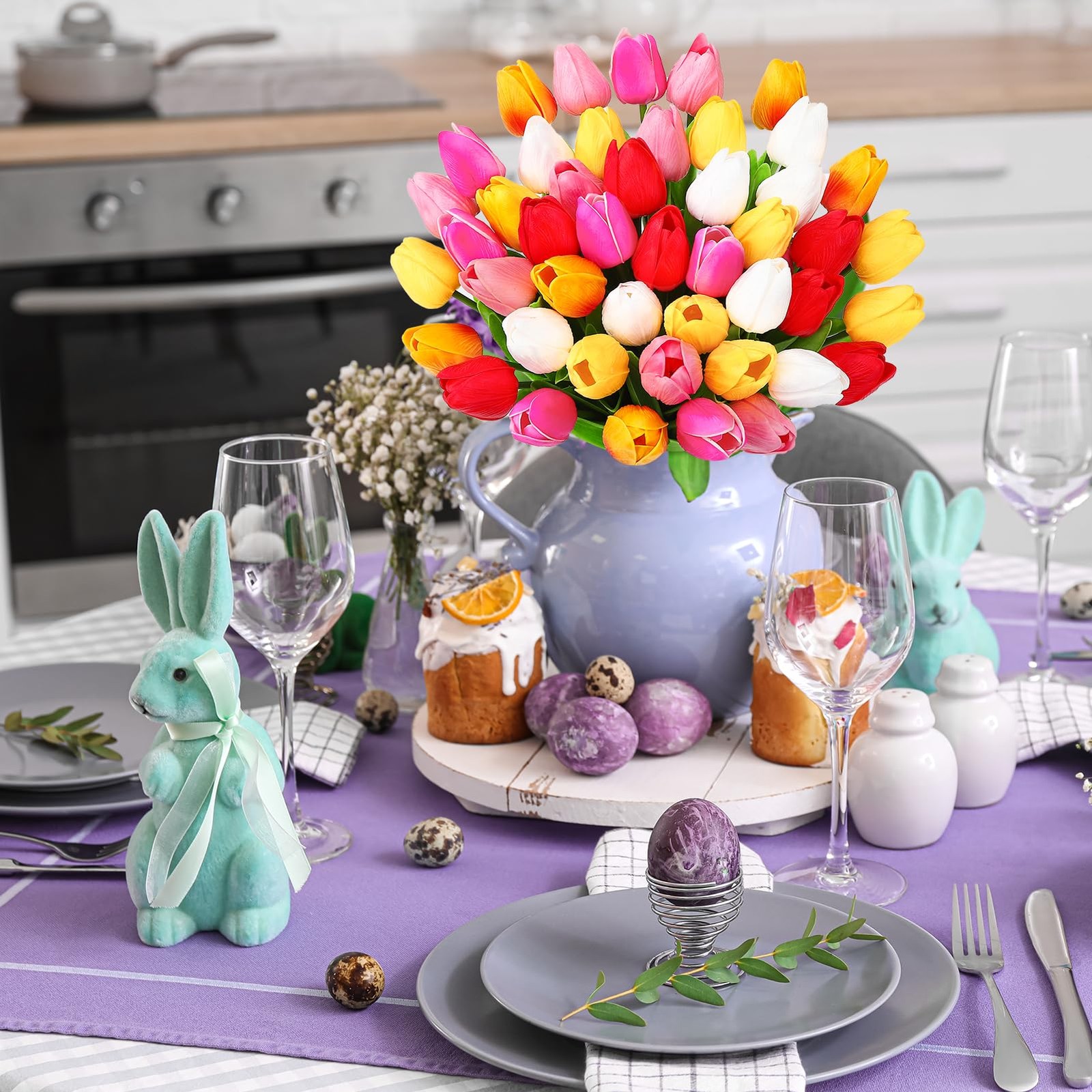48 PCS Mixed Colors Artificial PU Fake Tulips Flower Bouquet Home Office