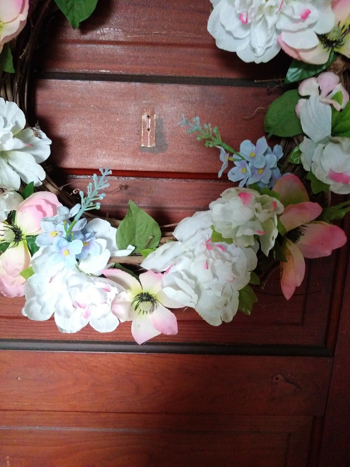 Springtime Pink, White And Blue Flowers W/green Leaves Grapevine Wreath…