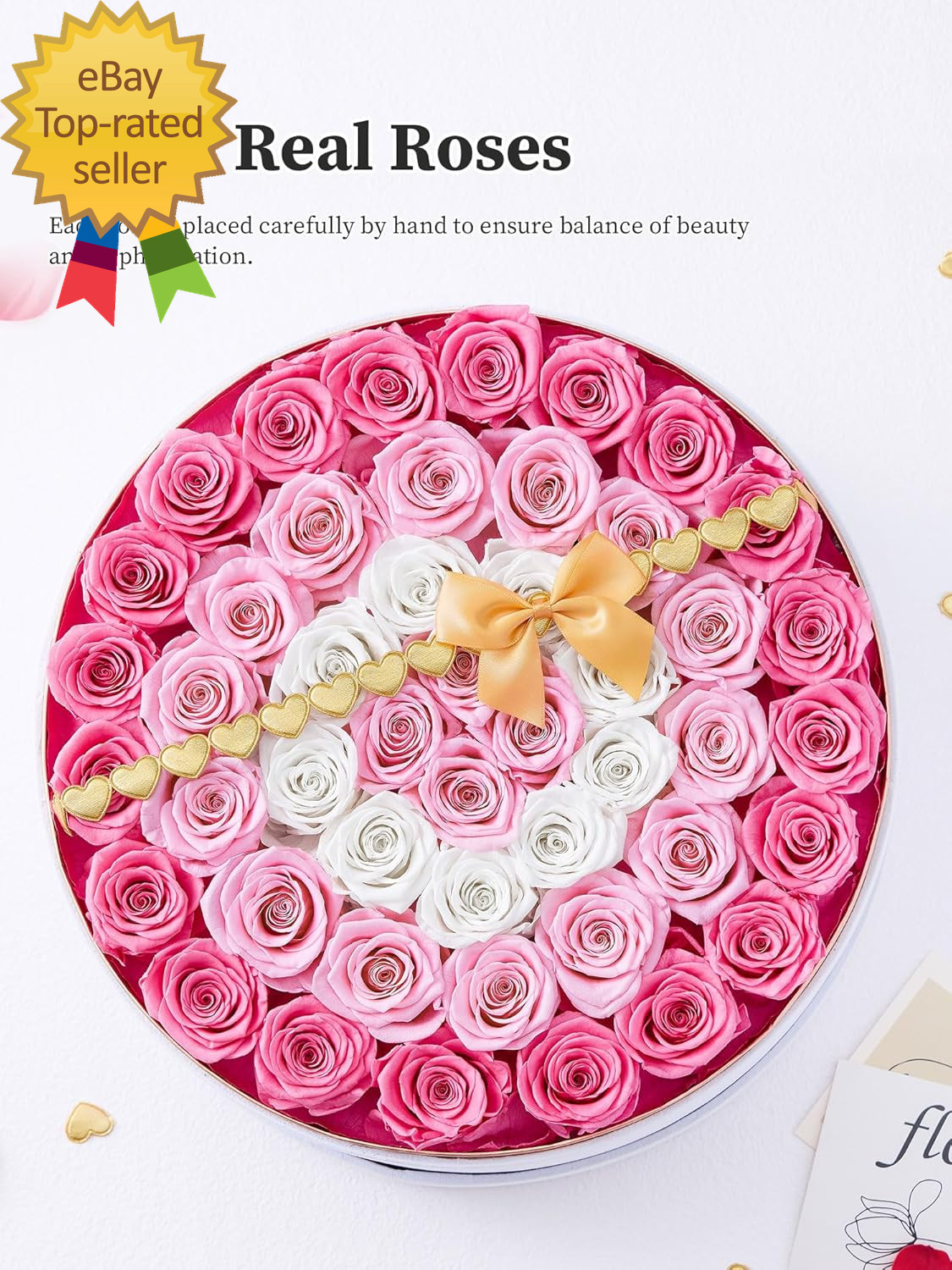 Preserved Roses 47-Piece Real Forever Flowers in White round Velvet Box Birthday