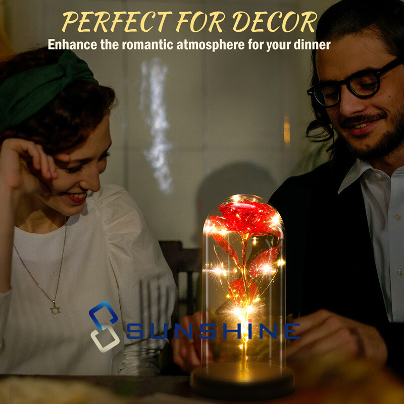 Rosa de galaxia con luz LED de cristal en cúpula, flor eterna de aluminio regalo
