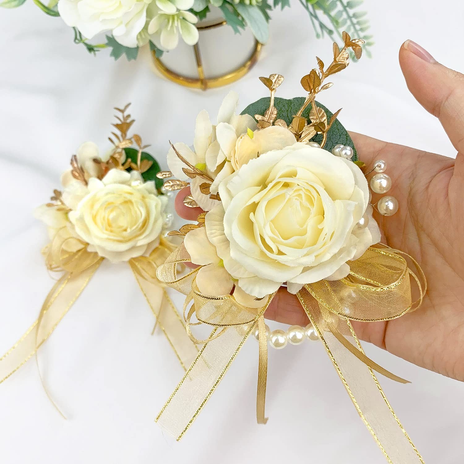 Ivory Rose Wrist Corsage Wristlet Band Bracelet and Boutonniere Set for Men B…