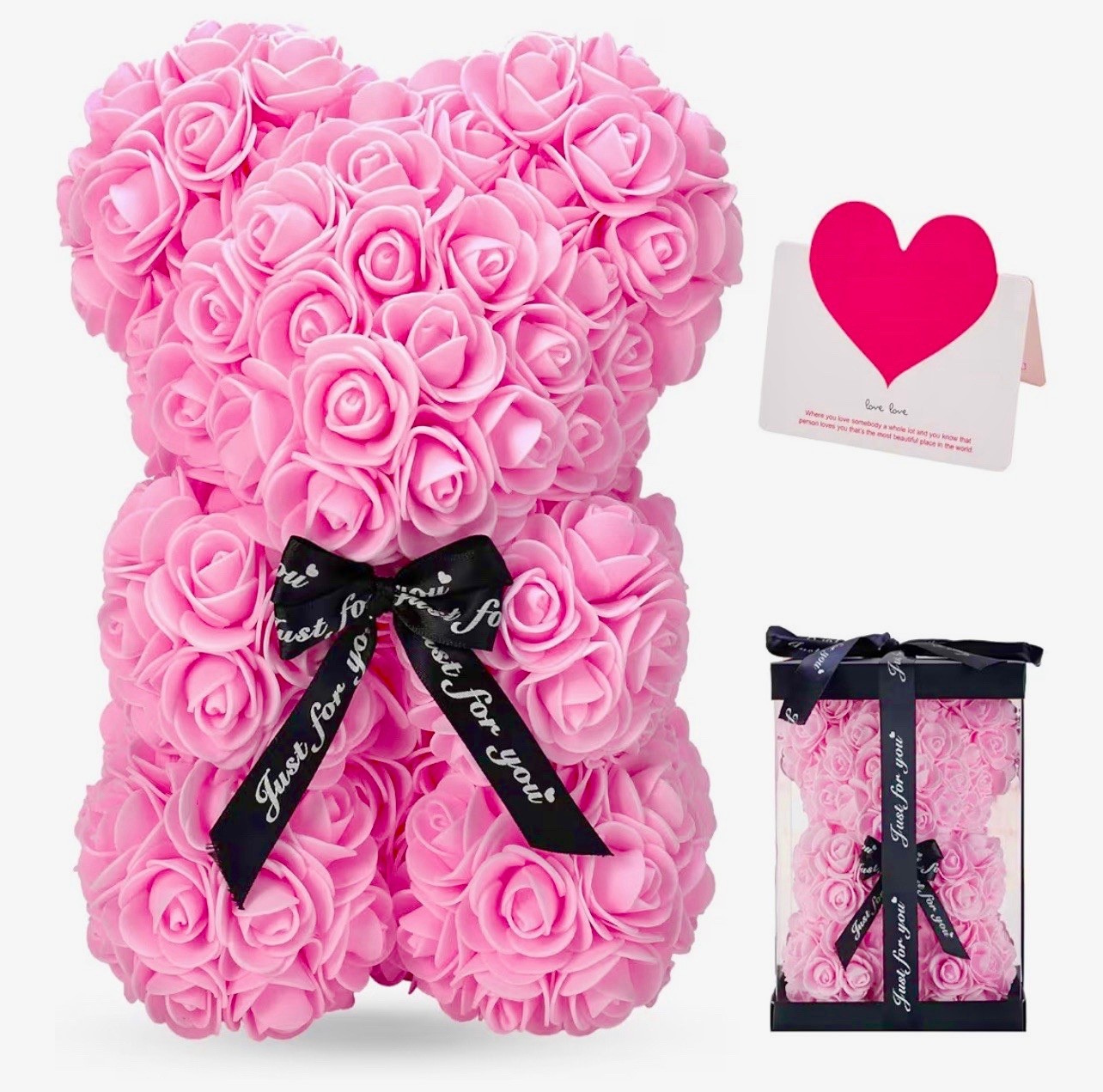 Rose Bear Teddy Made of Artificial Roses, 10 Inch Flower Bear Gift + Gift Box