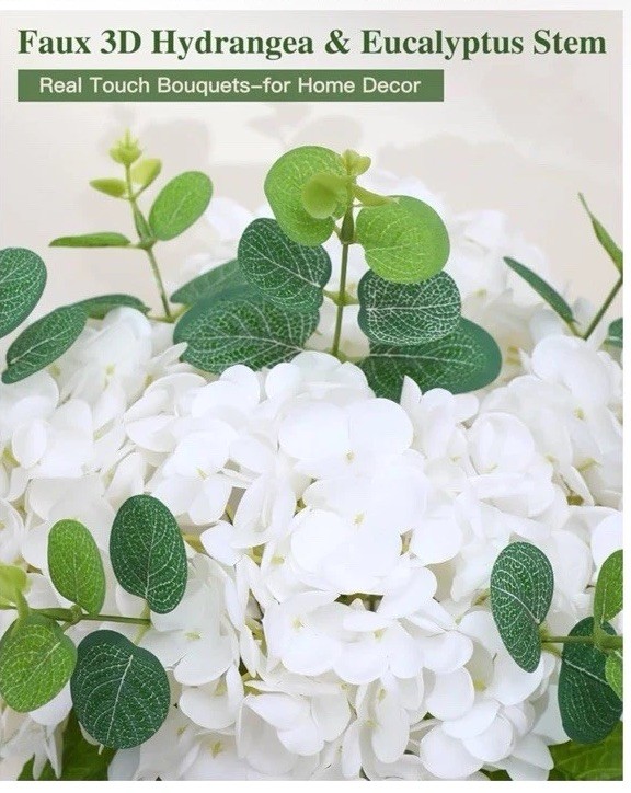 Fake Hydrangea Artificial Flowers With Vase 4 Pcs Real Touch And 3 Pc Eucalyptus