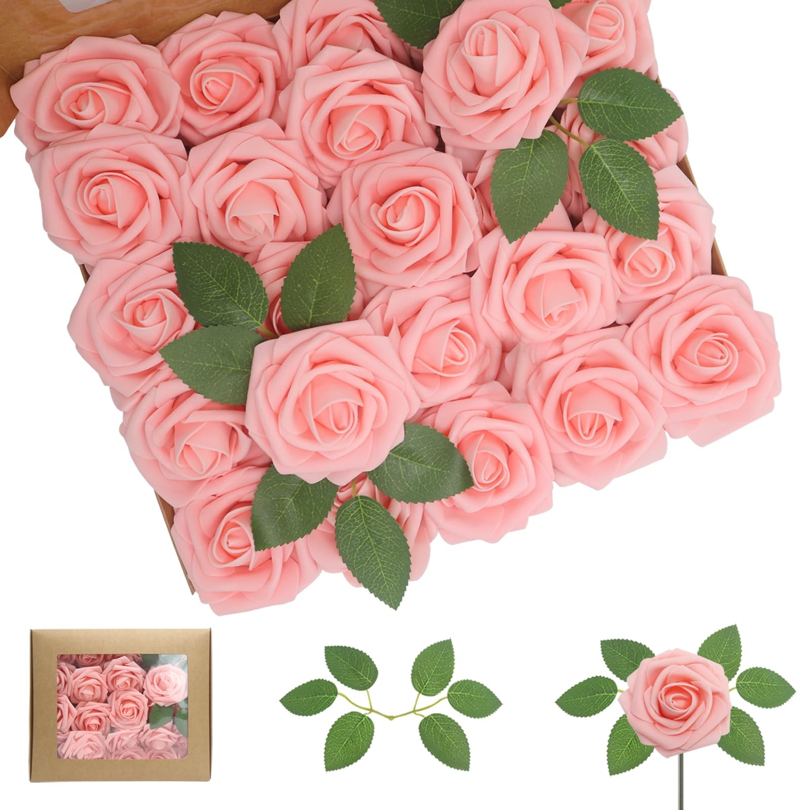 50 PCS Pink Artificial Flowers Roses Foam Fake With Leaves DIY Wedding Decor