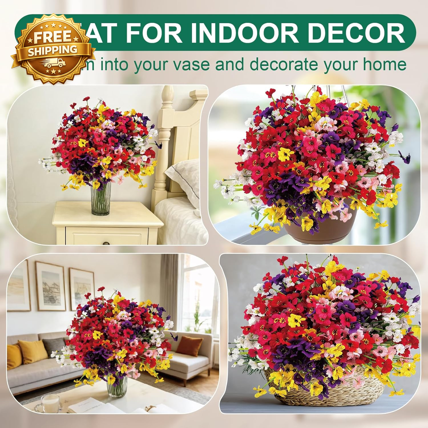 24 Pcs (6 Color) UV Resistant Outdoor Artificial Faux Flowers Plants Realistic P