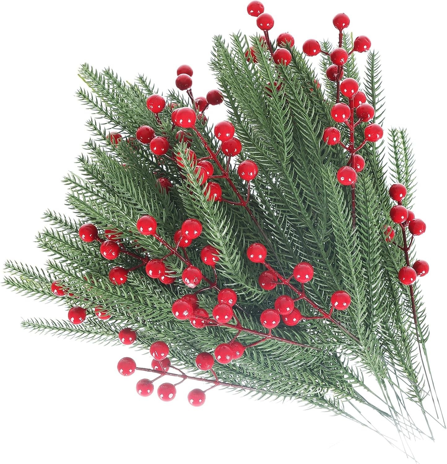 50 Pcs Christmas Norfolk Pine Artificial Christmas Branches with Red Berry Stem