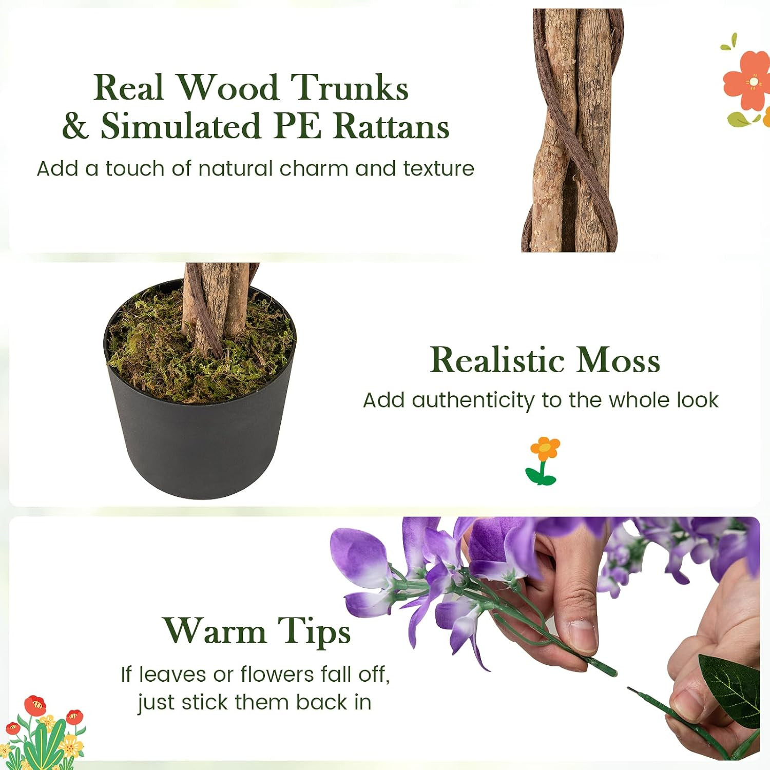 5.5FT Ficus Artificial Tree, 2 Pack Faux Wisteria Tree in Nursery Pot with Bloom