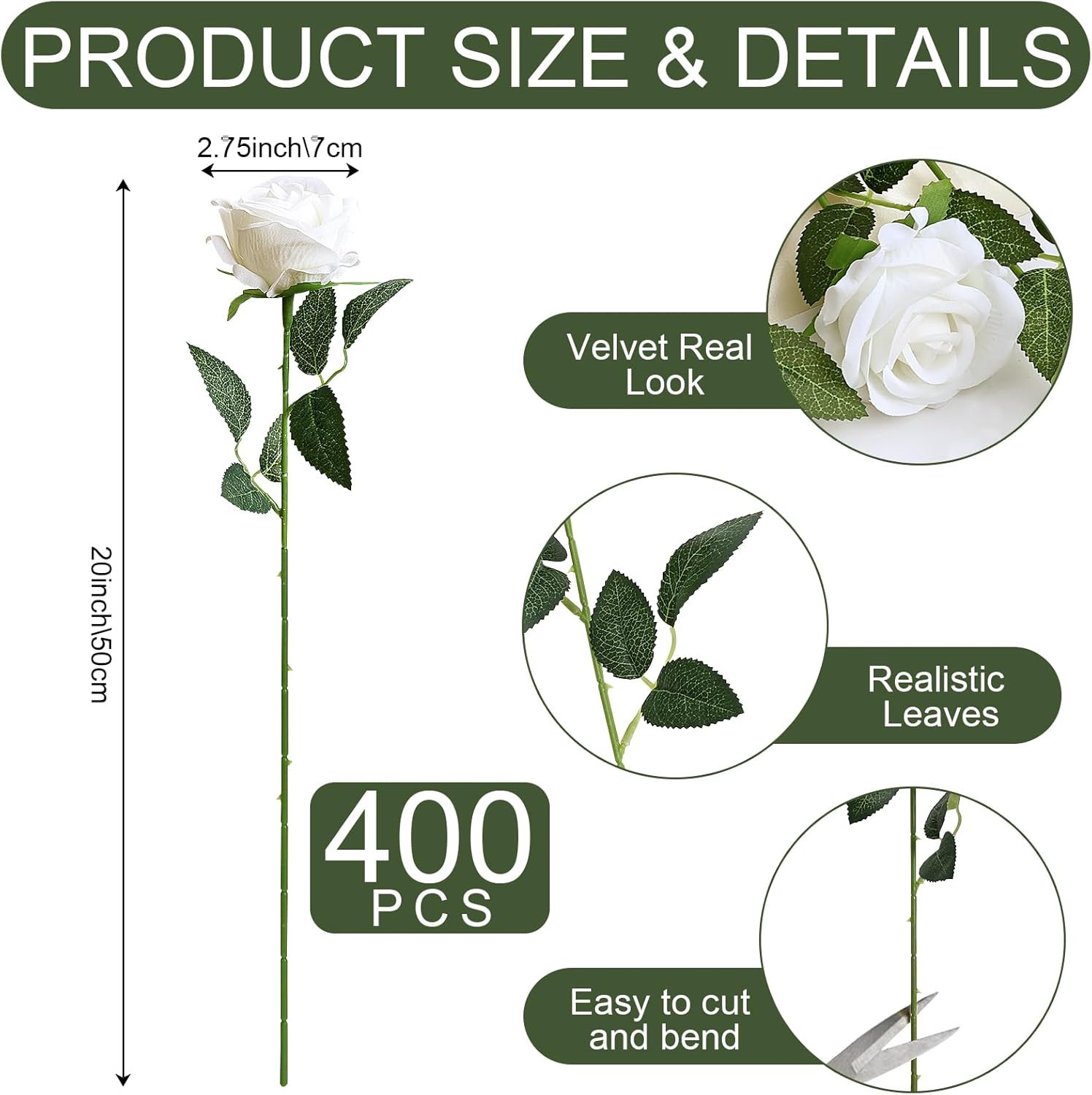 400 Pcs Roses Artificial Flowers – Fake White Roses with Long Stems Bulk Velvet