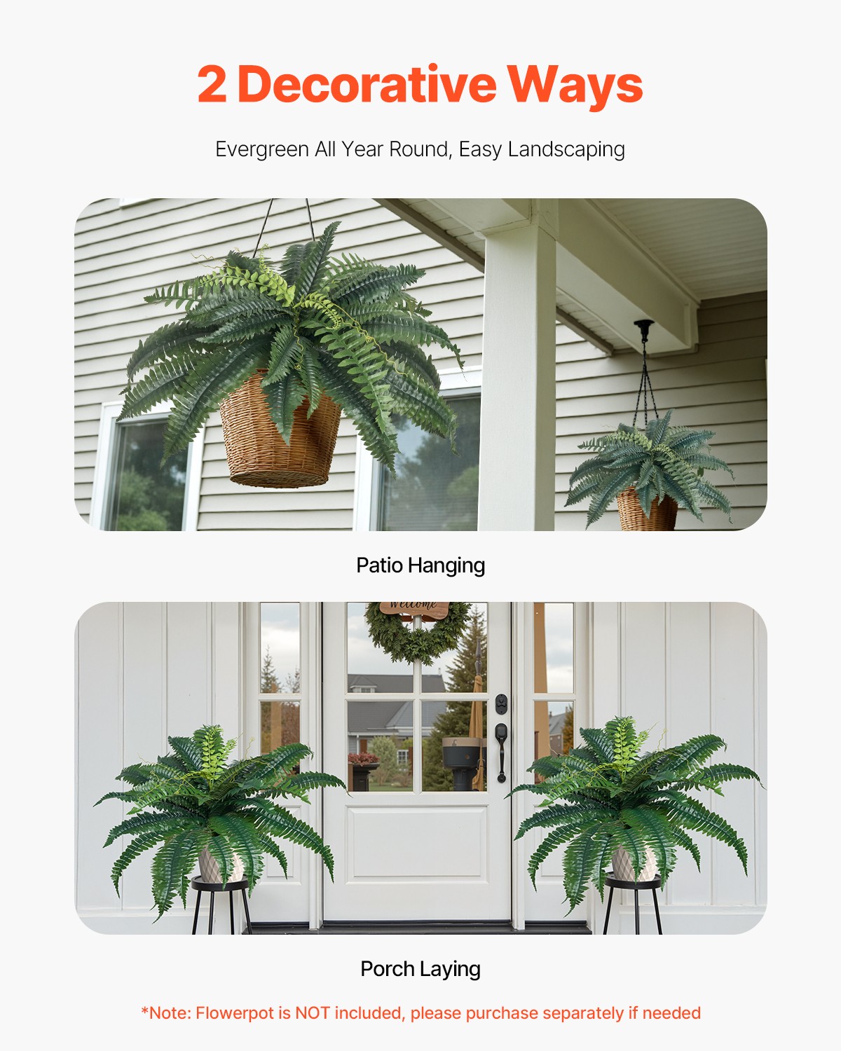VEVOR 2 Pcs Artificial Boston Ferns Plastic Fern 30Branches Indoor Outdoor Decor