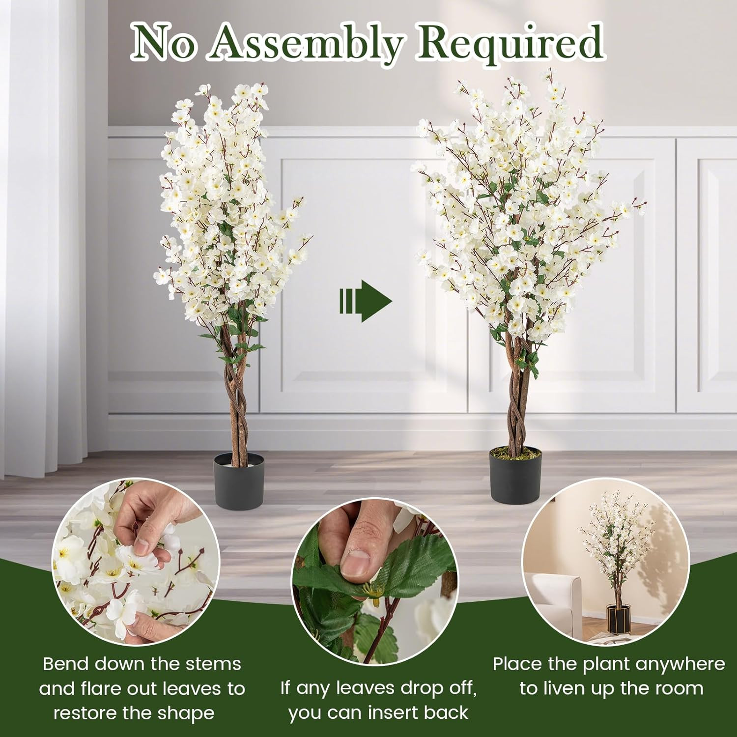 47” Artificial Wintersweet Tree, 2 Pack Faux Plum Blossom Plant with White Fabri