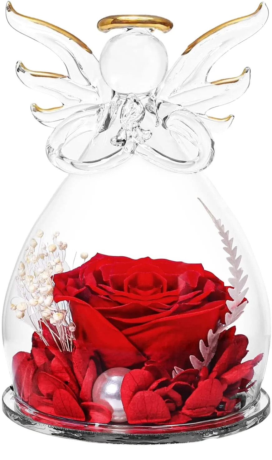 Wholesale Angel Rose in Glass Dome – Gilded angel figurines guardian angel