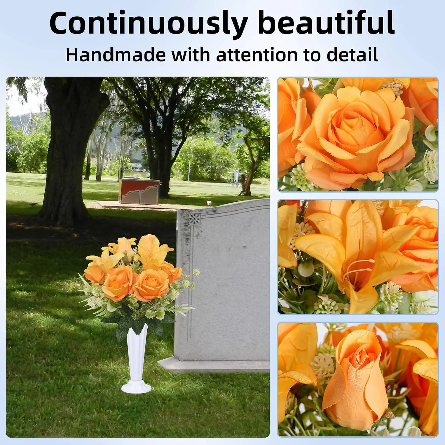 Artificial Cemetery Flowers with Vases Set of 2 Roses Lily Silks Bouquets Realis