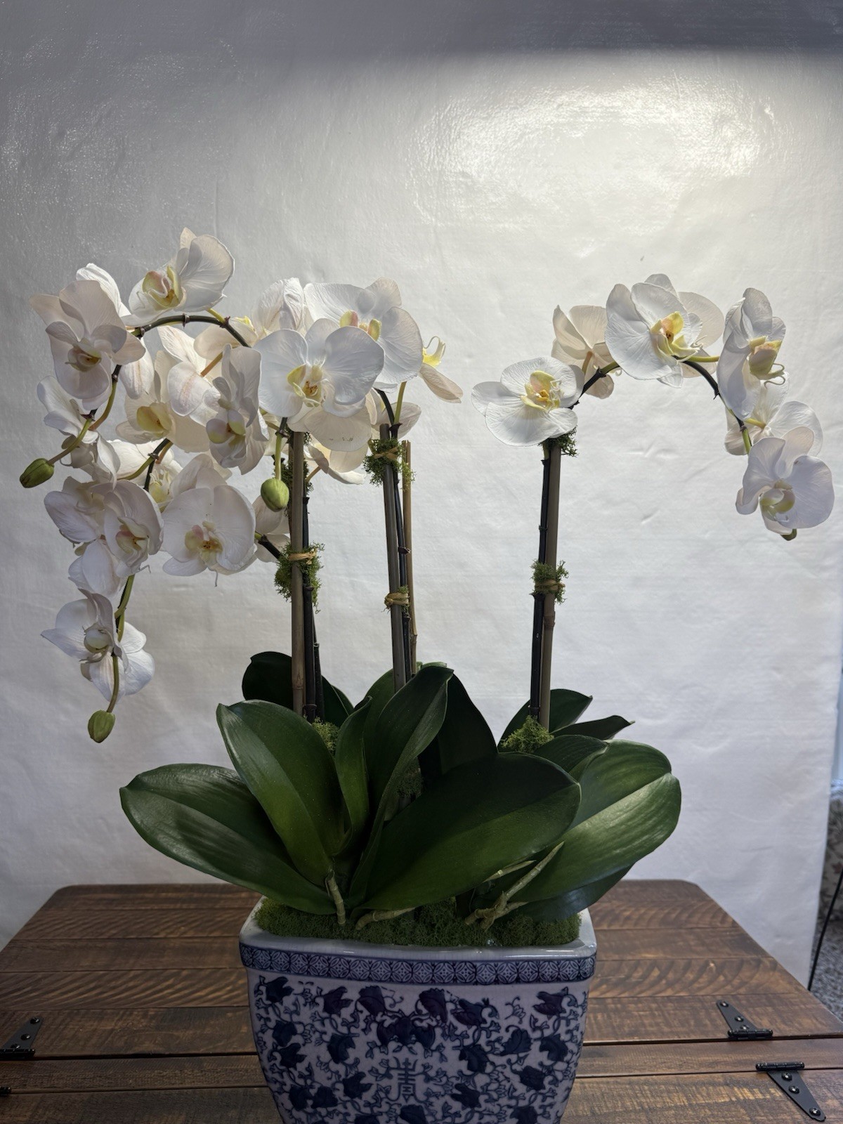 Williams Sonoma Faux Orchids in Cache Pot, 26″ New! Read