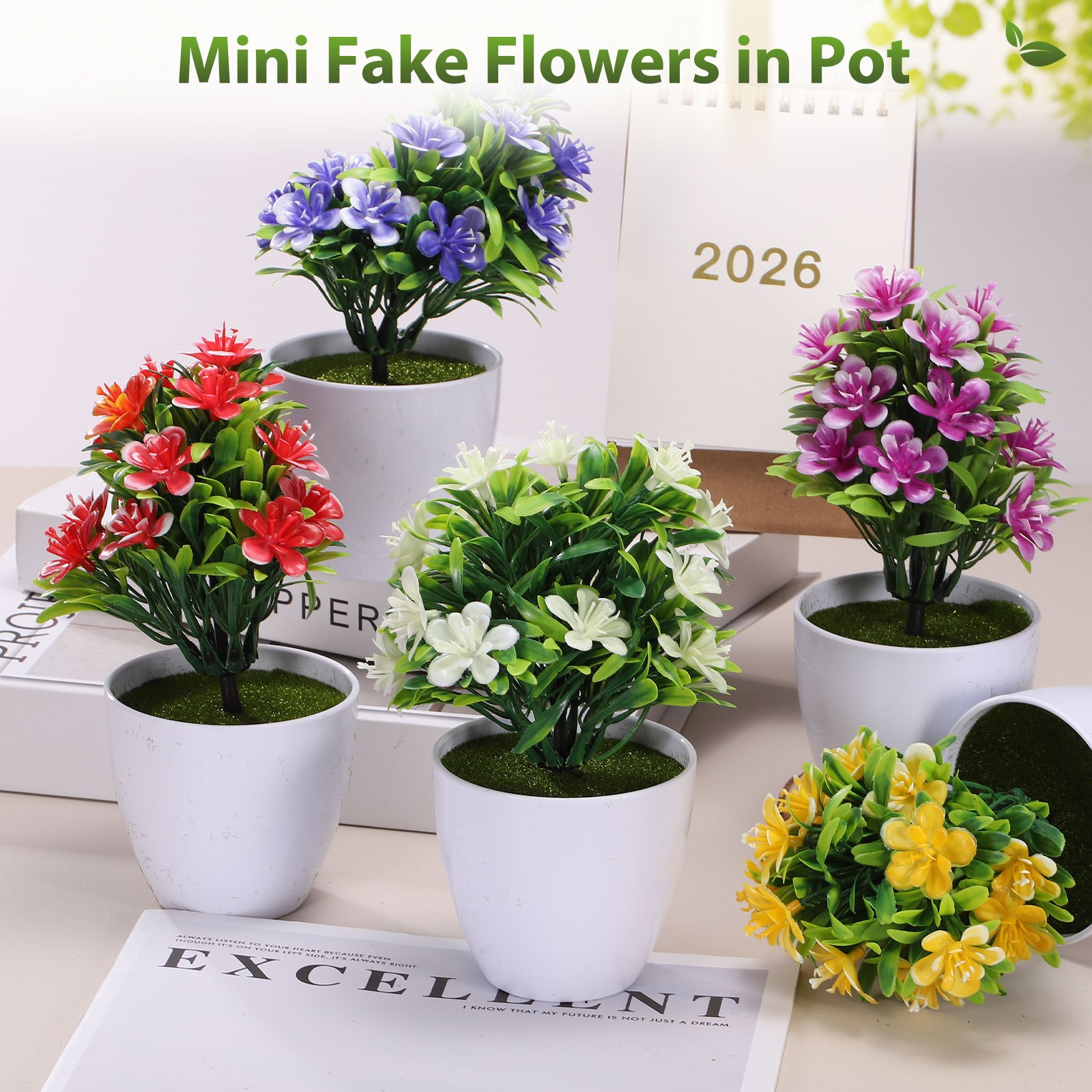 Mini Fake Flowers in Pot – for Home Bedroom Bathroom Office, Magenta