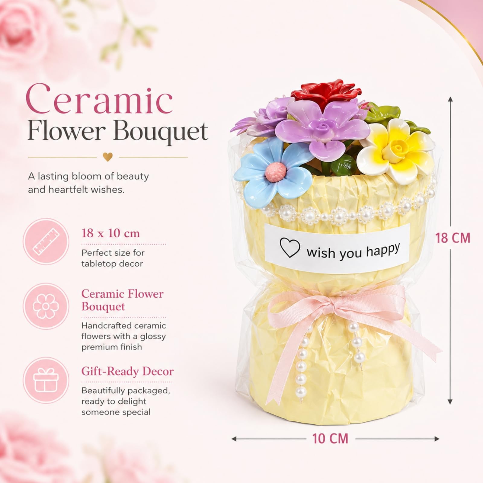 Porcelain Flower Bouquet – Handmade Ceramic Flowers Floral Arrangement, 6 Uni…