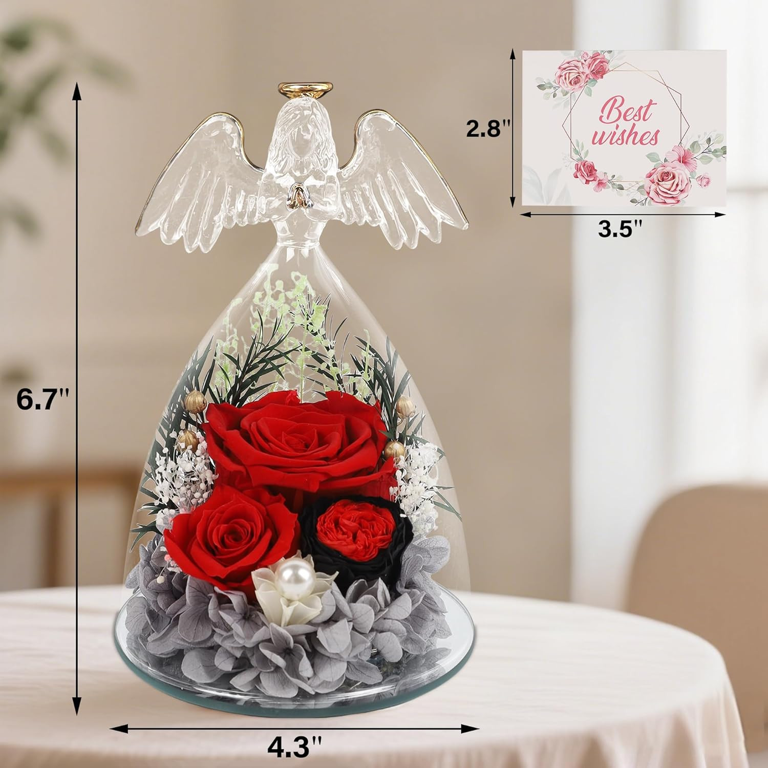 Gifts for Women Mom-Preserved Roses in Glass Angel Figurine, Forever Fresh Flowe
