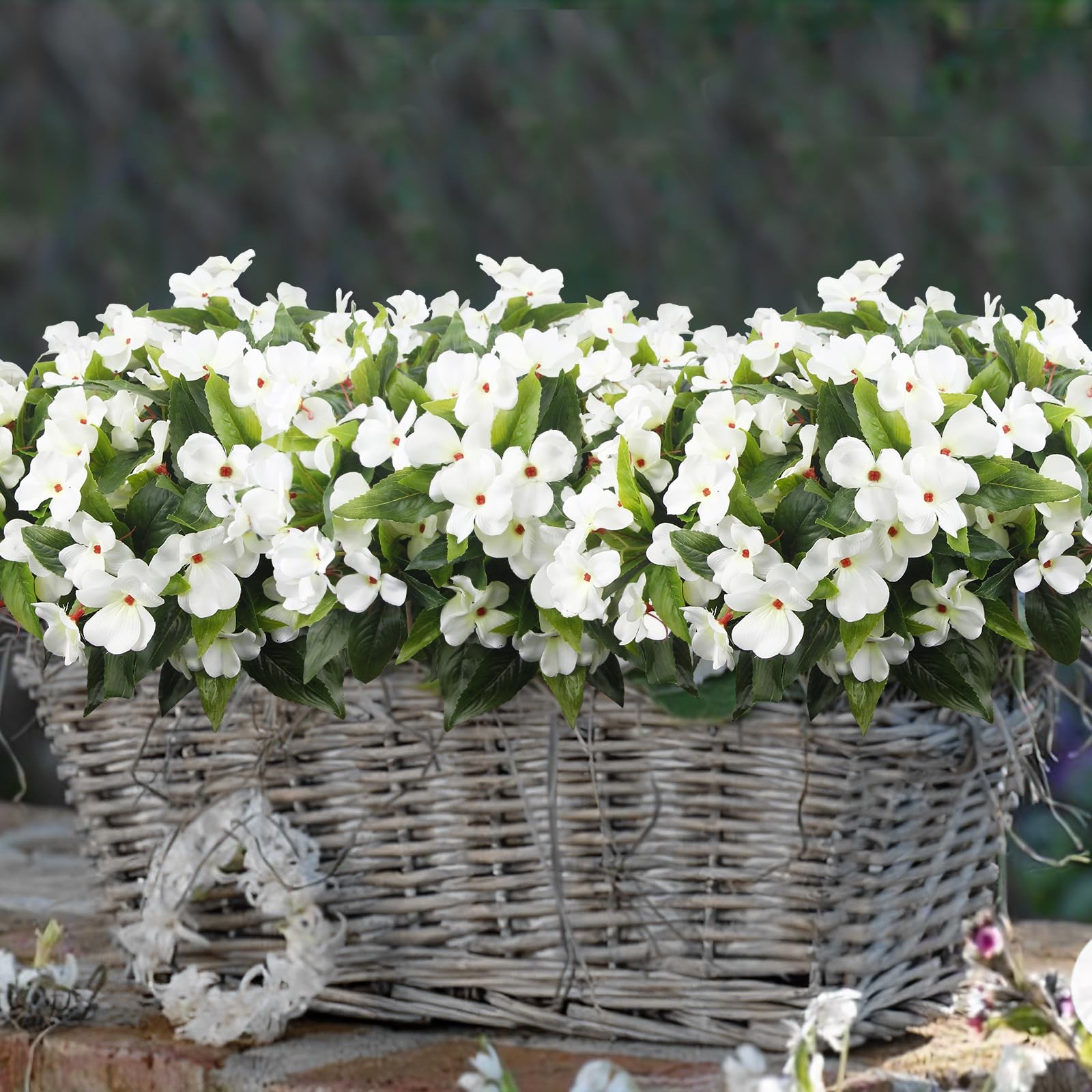 8 Pcs Artificial Impatiens Flowers for Outdoors Faux Impatiens Bushes White S…