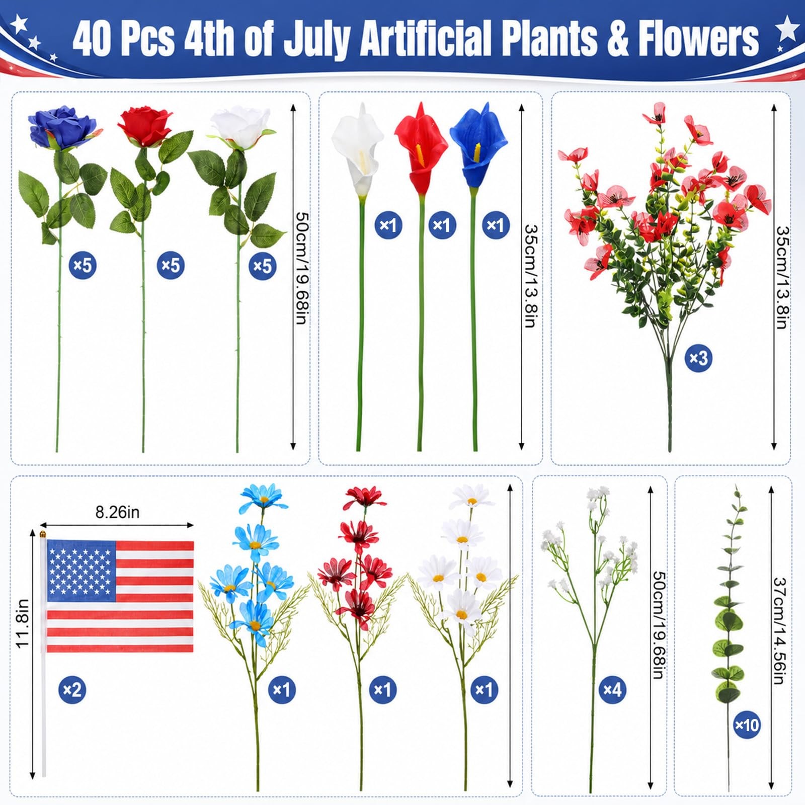 40 Pcs Memorial Day Artificial Flowers for Cemetery Red White and Blue Flower…