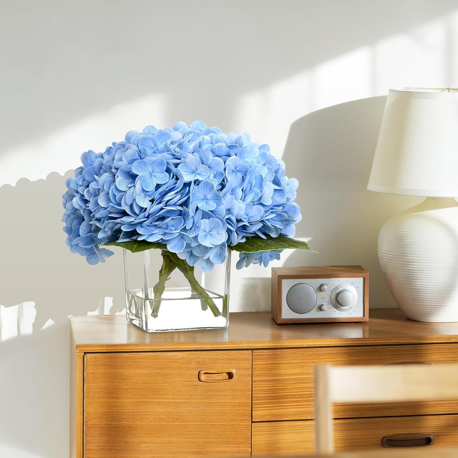 Luxury PU Fake Flowers in Vase with Faux Water, Blue Real Touch Hydrangea Artifi