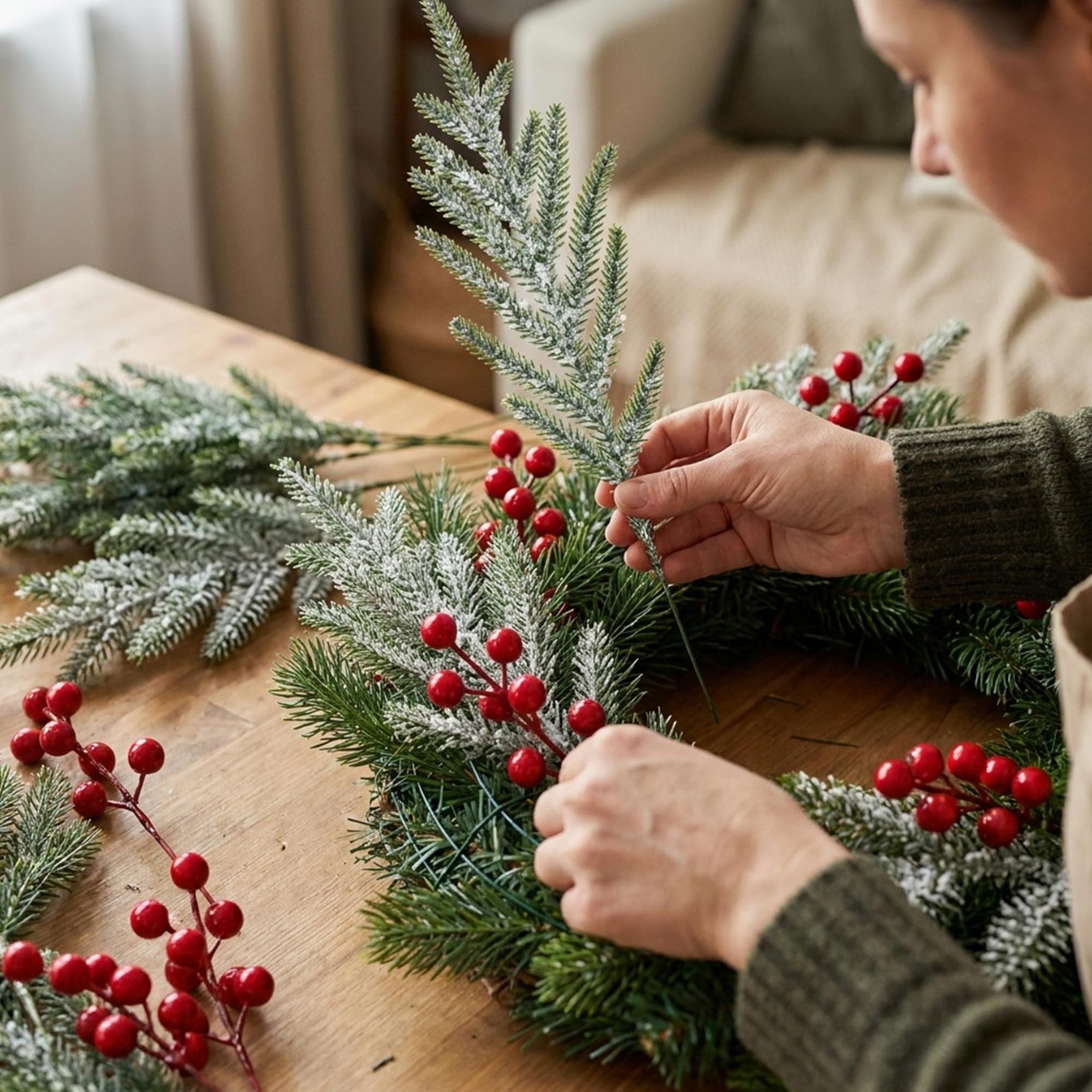 35 Pcs Christmas Snow Norfolk Pine Branches with Red Berry Stems
