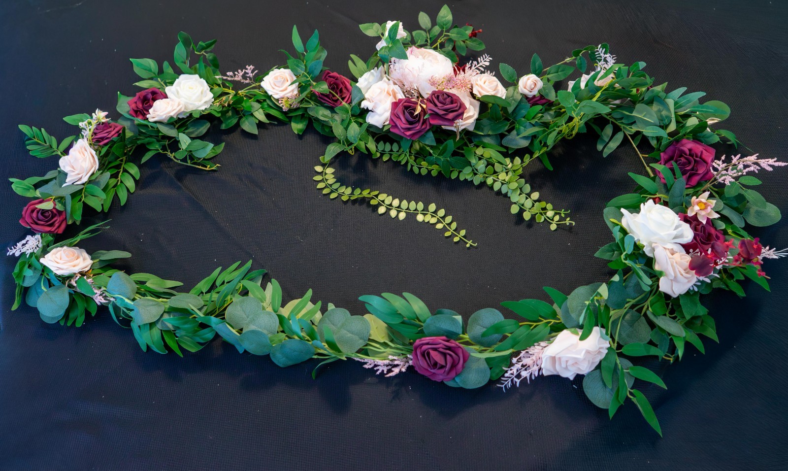 Fall flower garland with optional burgundy velour table runner