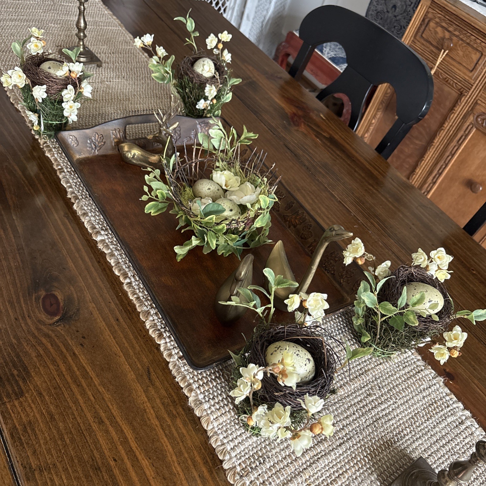 Easter Table Decor Bird’s Nest With Faux Eggs & Yellow Artificial Flowers Spring