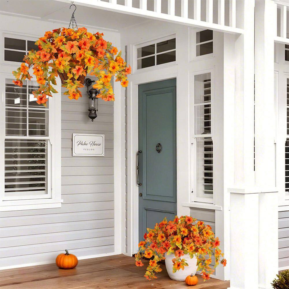 25 In. Orange Yellow Indoor/Outdoor Hanging Artificial Petunia Flowers in Brown
