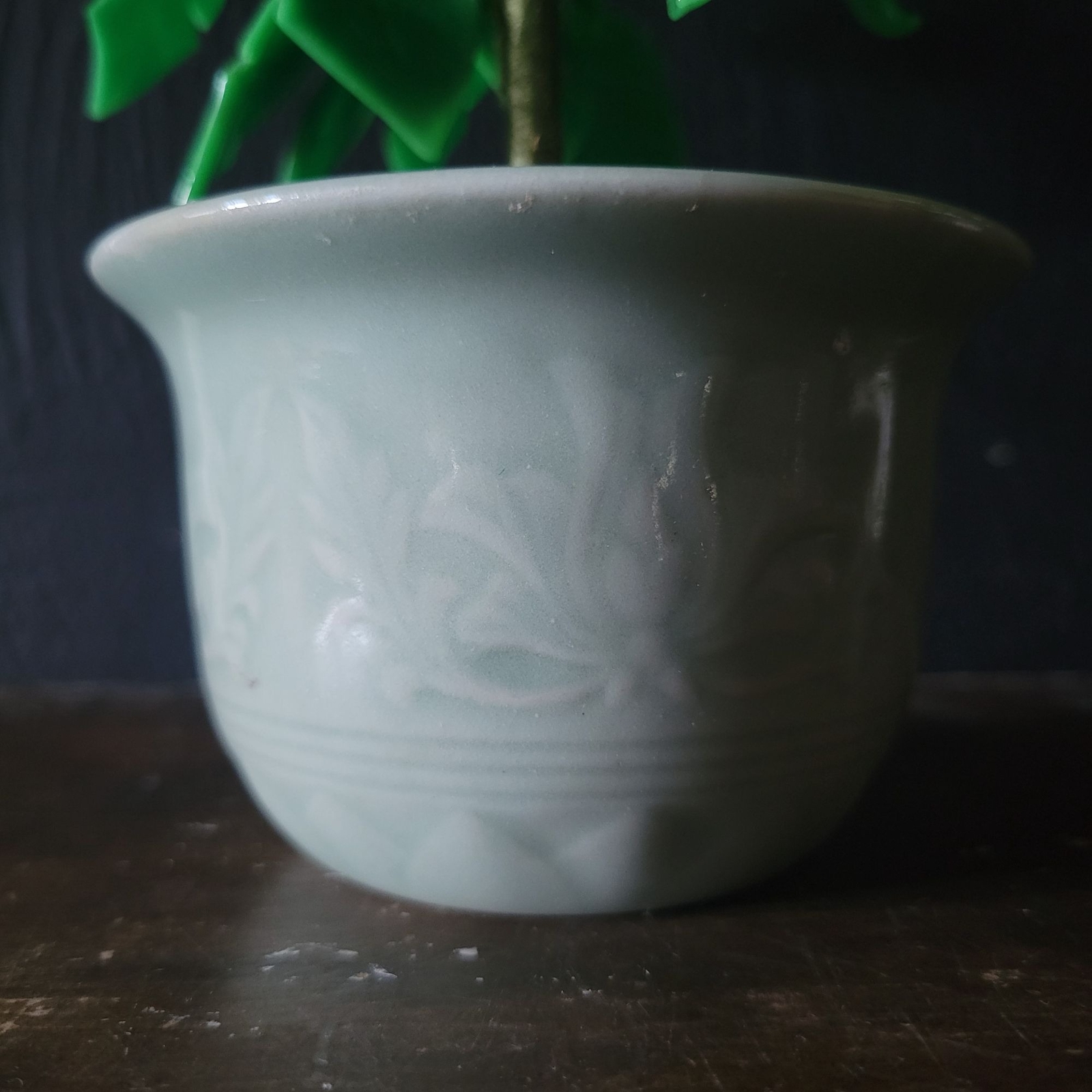 Vtg Glass Pink Flower Bonsai In Celadon Pot, Chinoiserie Flower, Asian 9 Inches