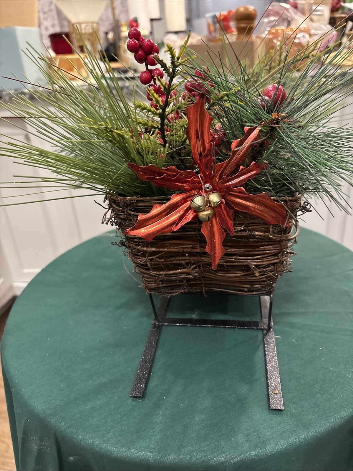 Holiday Sleigh Metal & Wood Mixed Floral Piece Pines Cones Berries Bow Preowned
