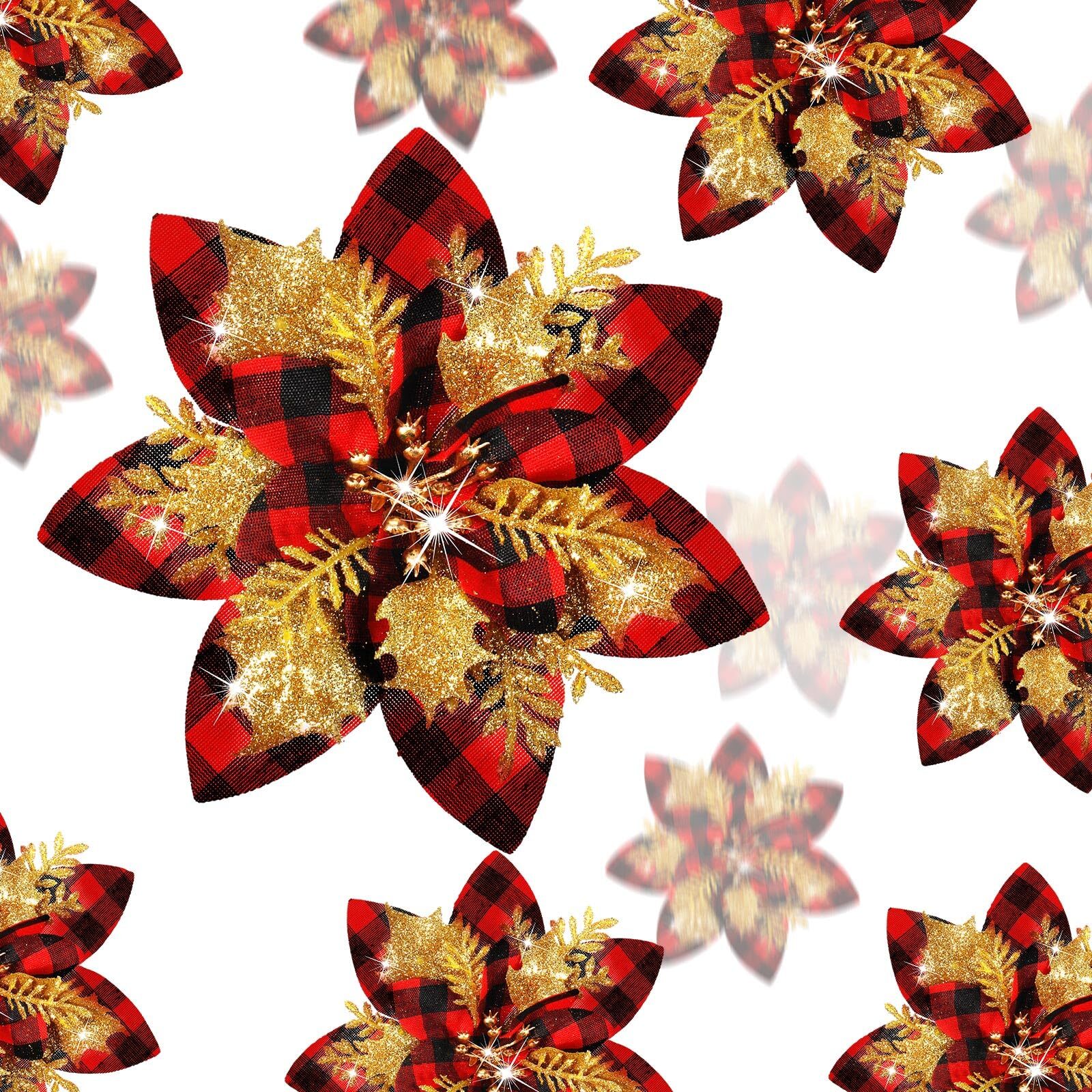 36Pcs Christmas Glitter Poinsettia Flowers Red Black Gold Xmas Tree Ornaments