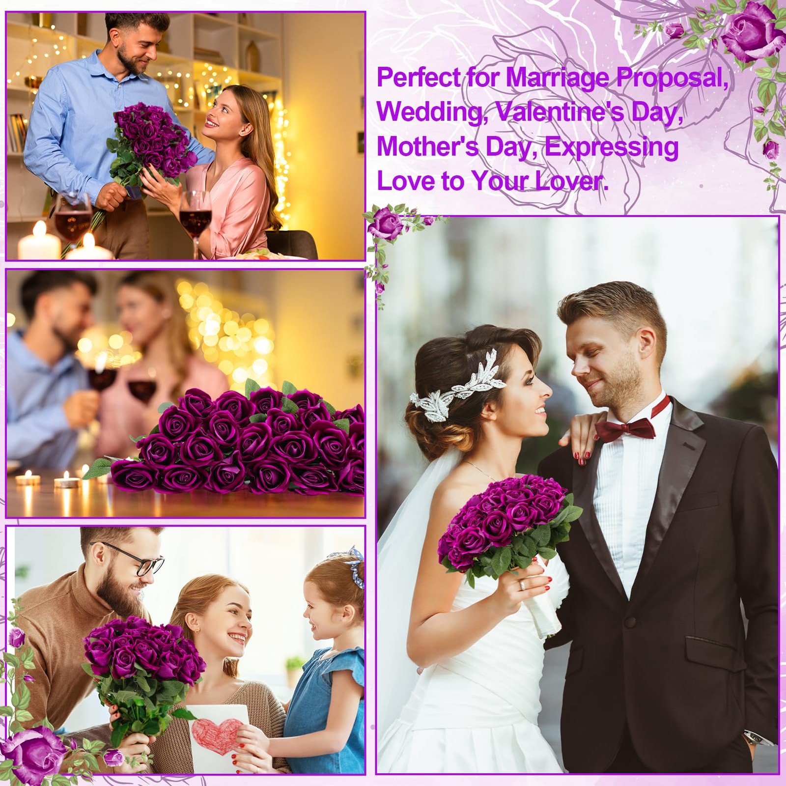 Hoemwarm 36 Pcs Dark Purple Velvet Artificial Flowers, Realistic Fake Roses B…