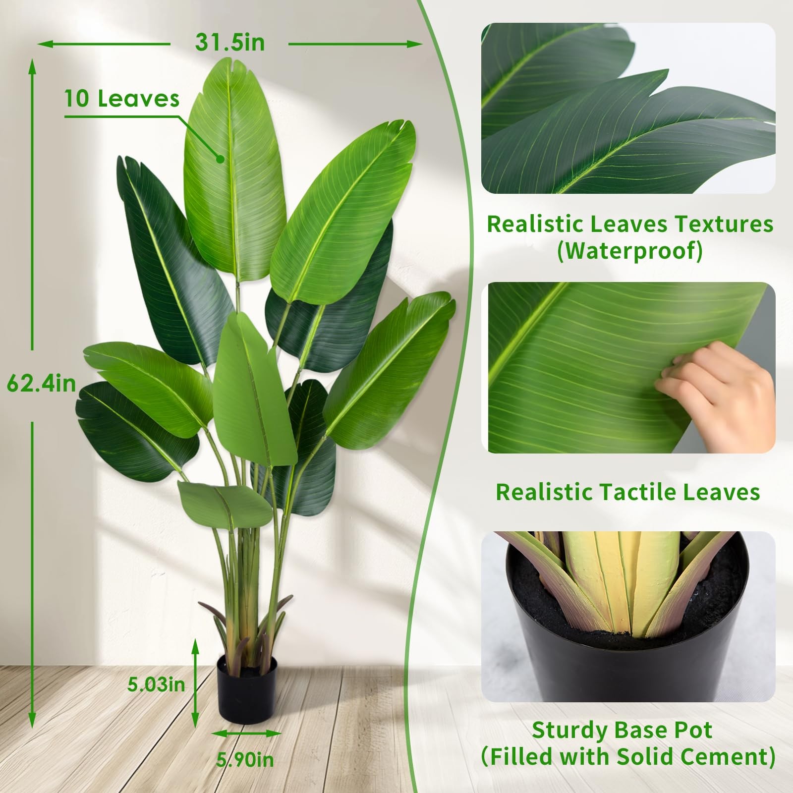 CETRD Artificial Bird of Paradise Plant 5.2Ft Fake Tropical Palm 5ft, 1pack
