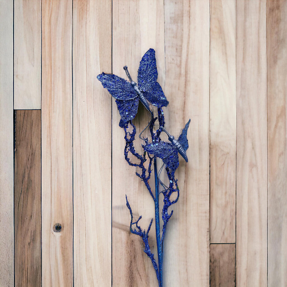 Blue Glitter Twig With 2 Butterflies Dead Twig Branch Window Outdoor Decor 31″