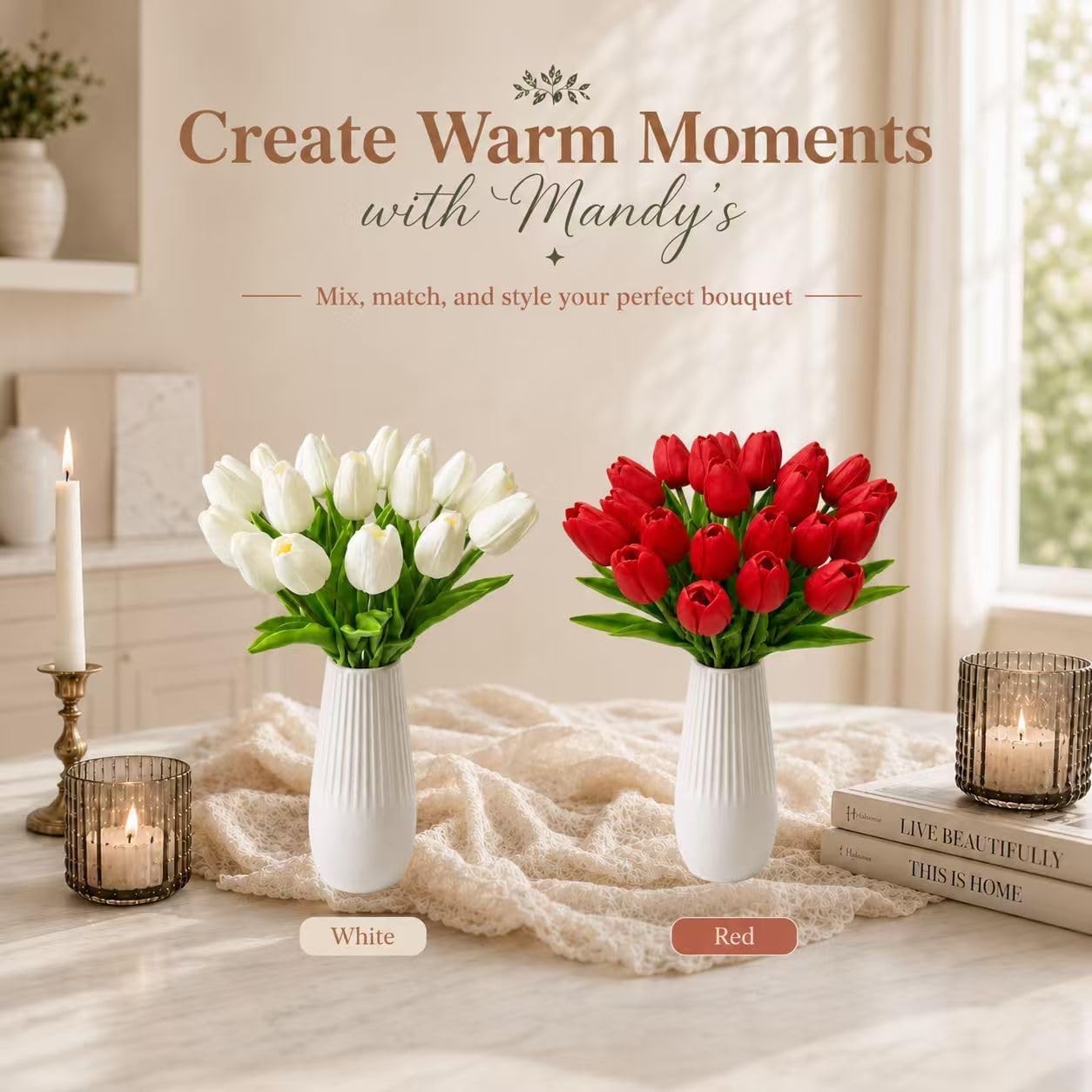20pcs Artificial White Tulips – Elegant Faux Floral Arrangement for Home & Ev…