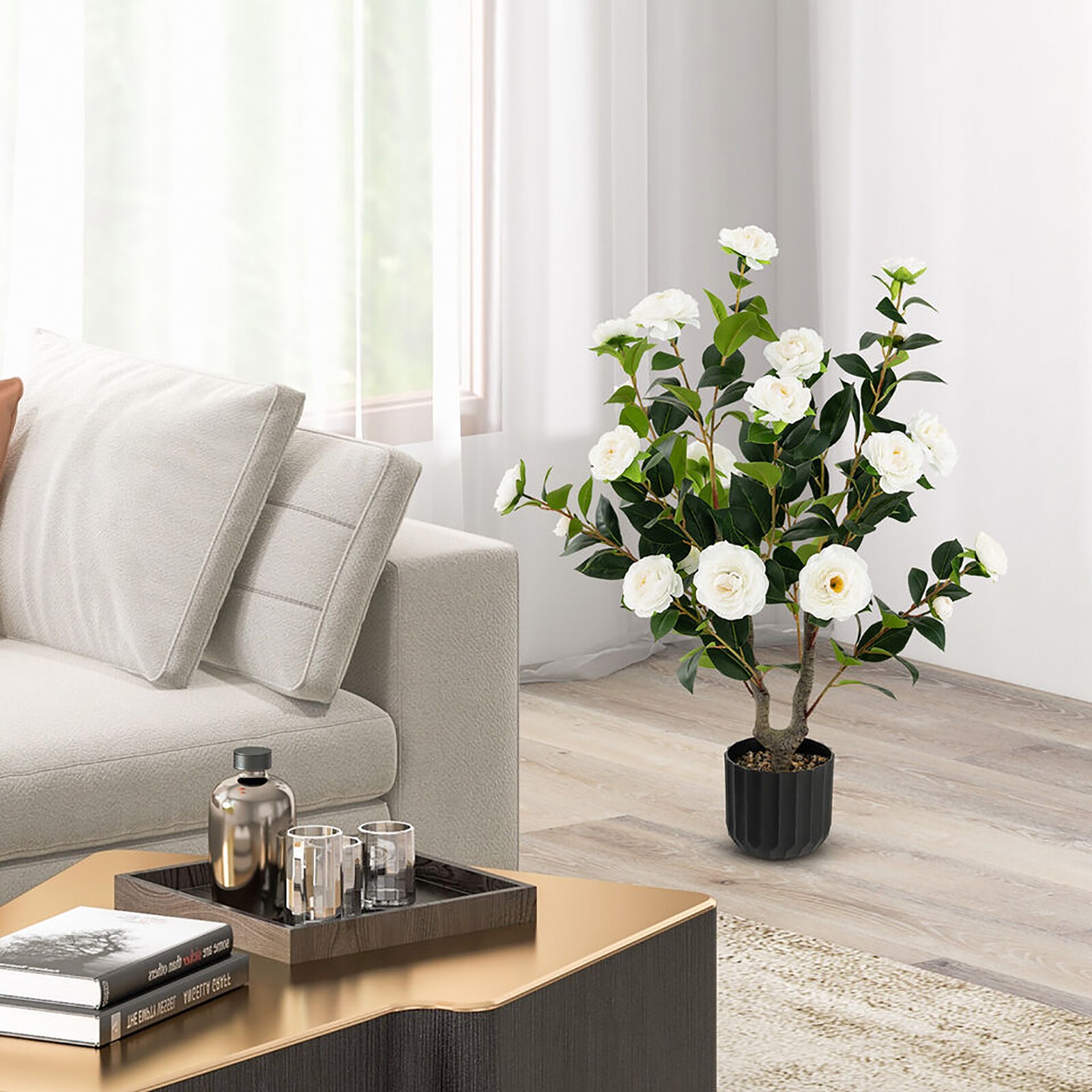 2-Pack 38” Artificial Camellia Tree Faux Floral Plant for Decoration White
