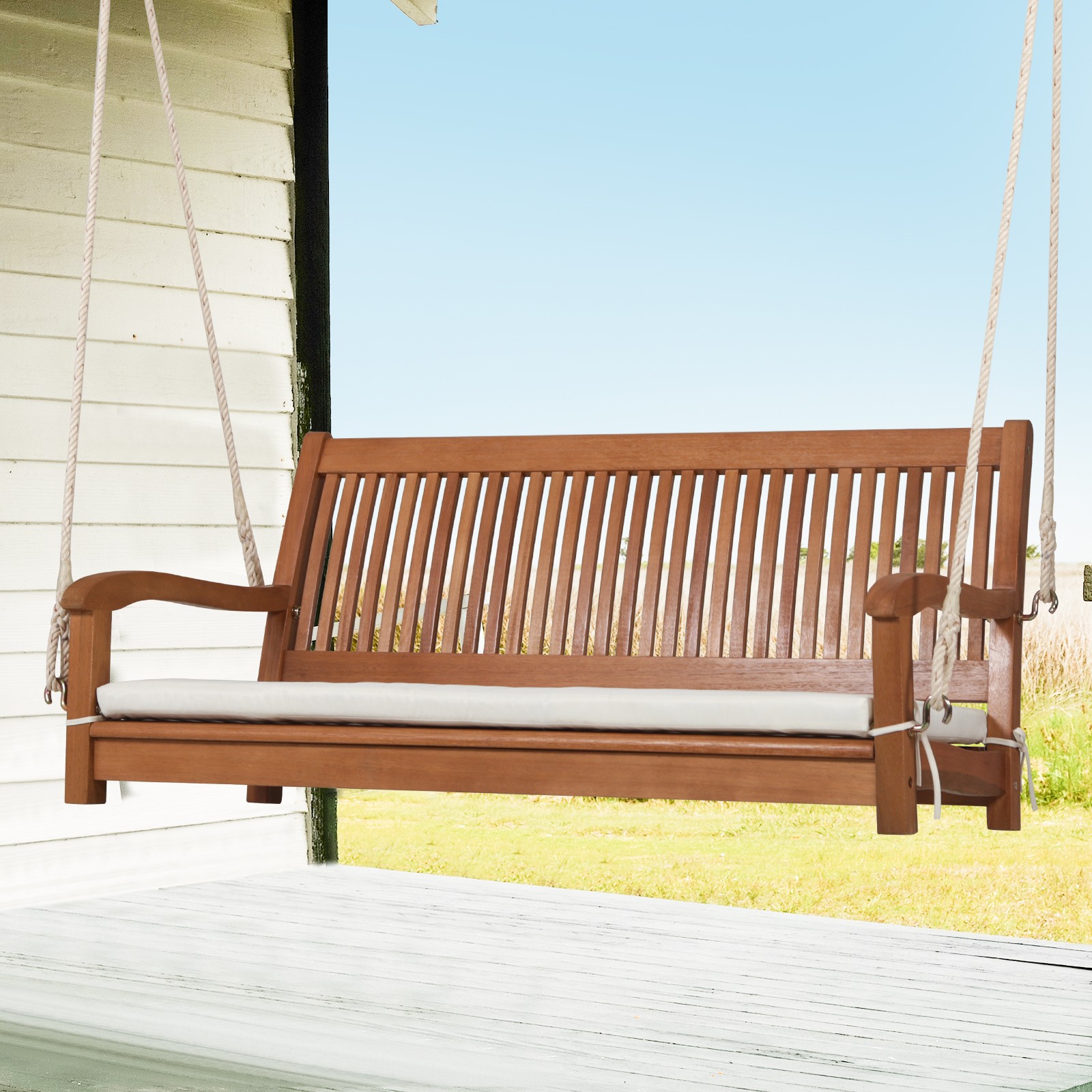2-Person Porch Swing Bench Wooden Swing w/ Ergonomic Backrest & Seat Natural