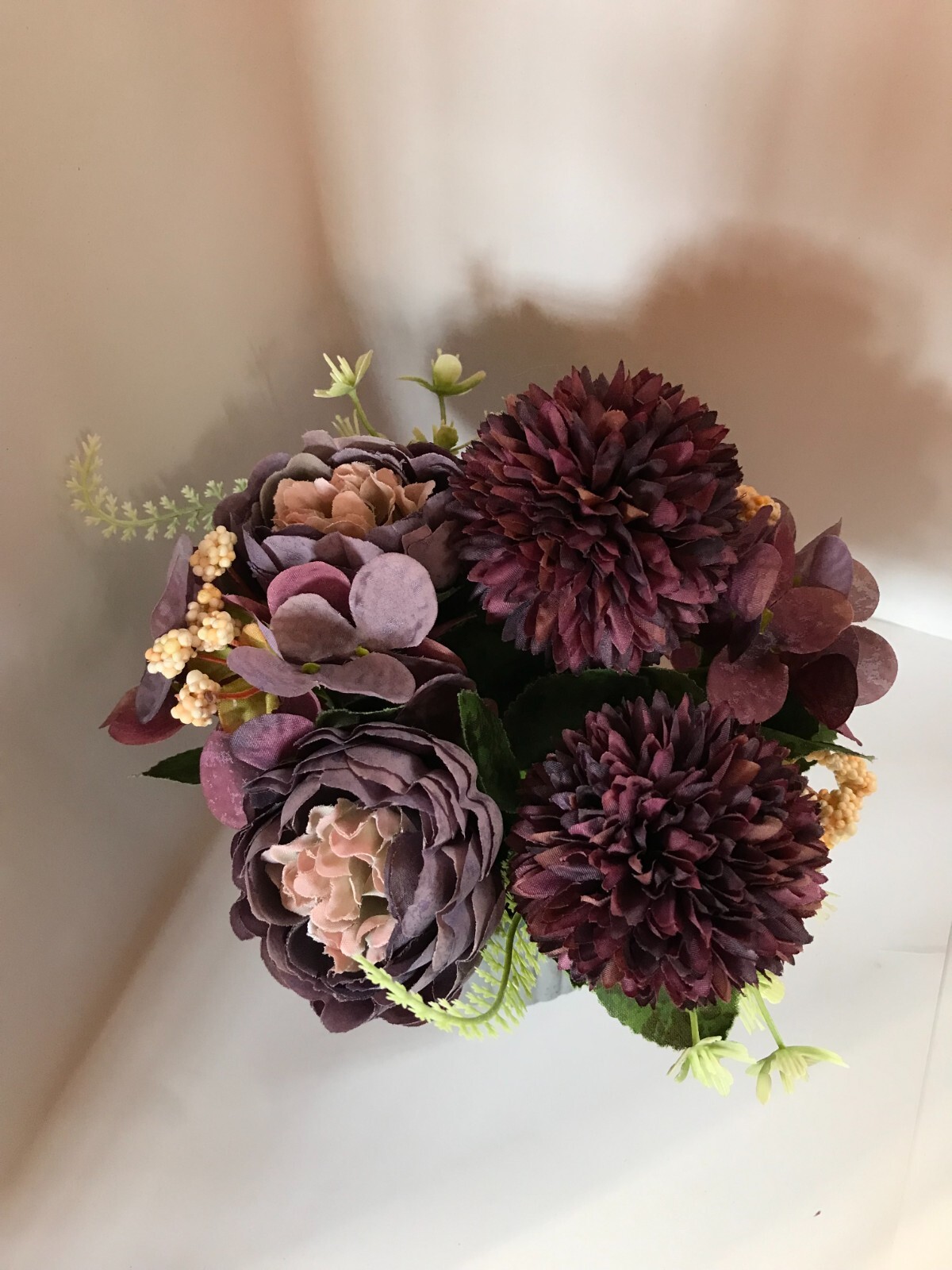 Artificial Silk Purple Hydrangea Peony Bouquet Flowers In Cement Grey Vase New