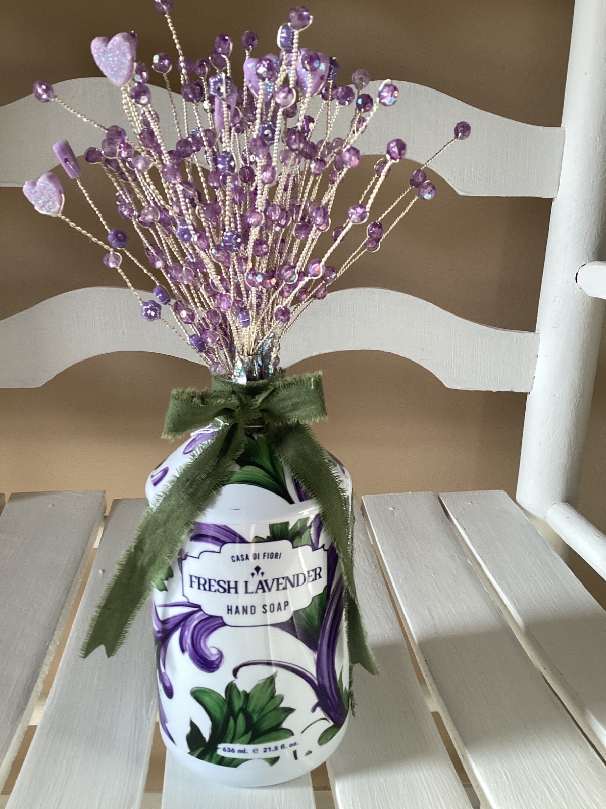 HANDMADE PURPLE HEART BEADS SILVER WIRE WRAP ARRANGEMENT BOUQUET W VASE GREEN