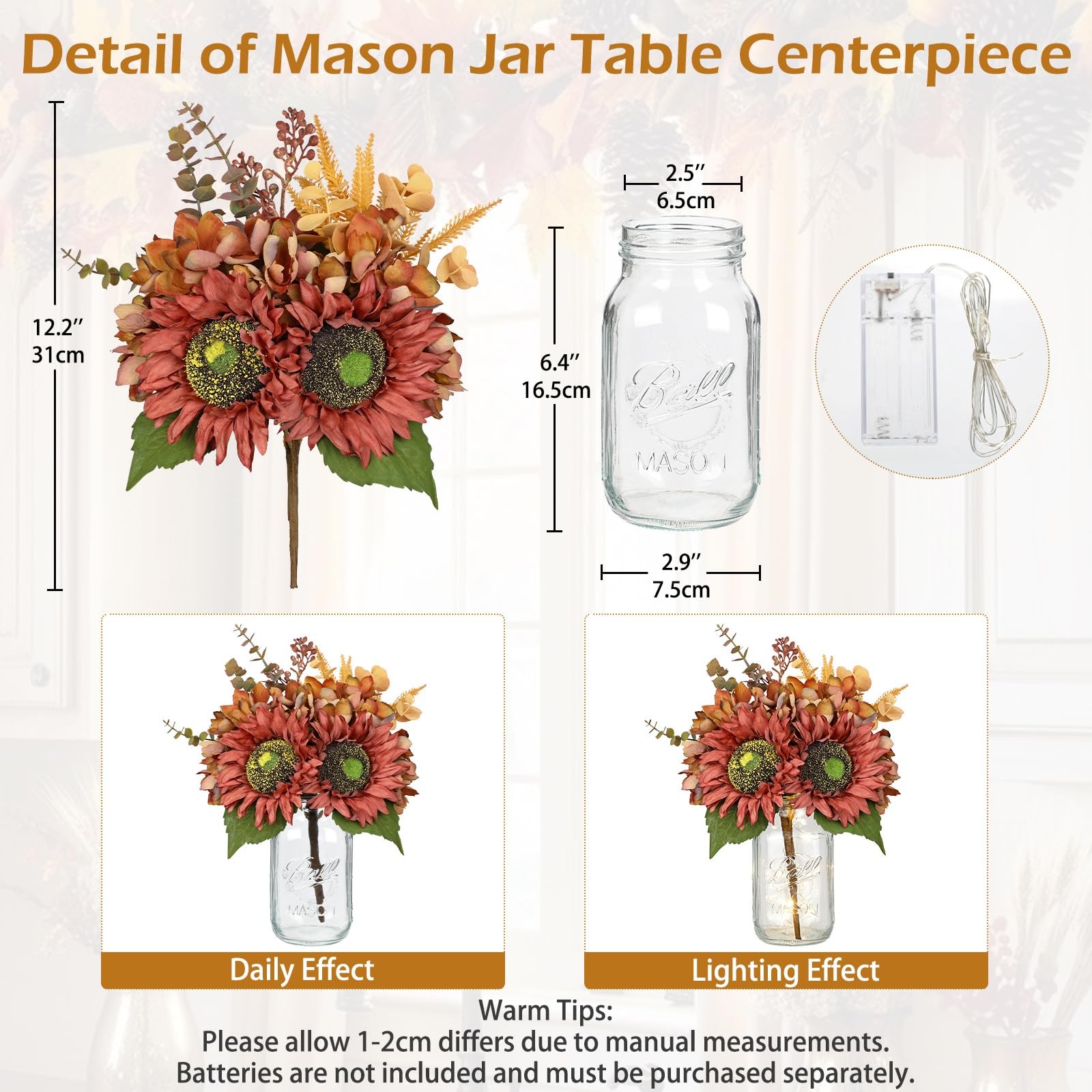 Silk Sunflowers Artificial Flowers with Mason Jar Centerpiece for Table Orang…