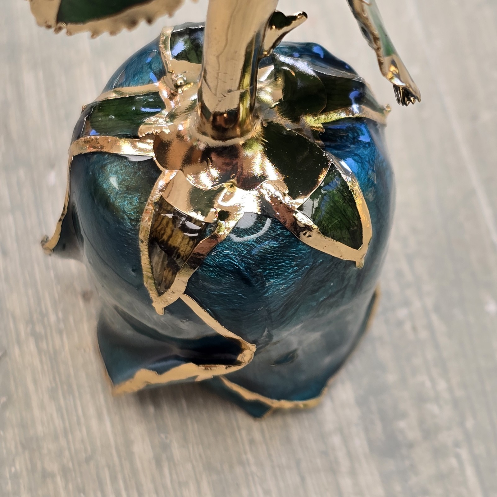 Long Stem Dipped 24k Gold Real Rose Teal Blue Enamel Coated Flower Elegant Decor