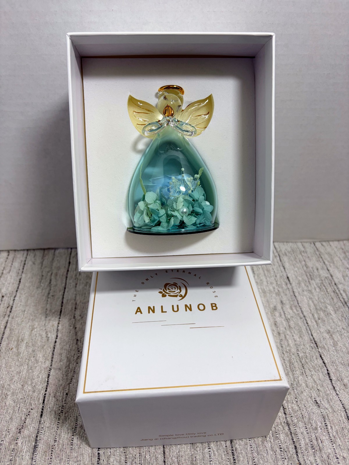 Glass Angel Figurine with Preserved Flowers – Eternal Rose ANLUNOB – Gift Box In