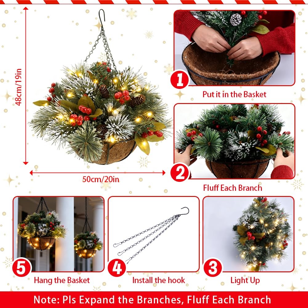 2PCS Artificial Hanging Basket Decorated with Pine Cones,Red Berry,Light up C…