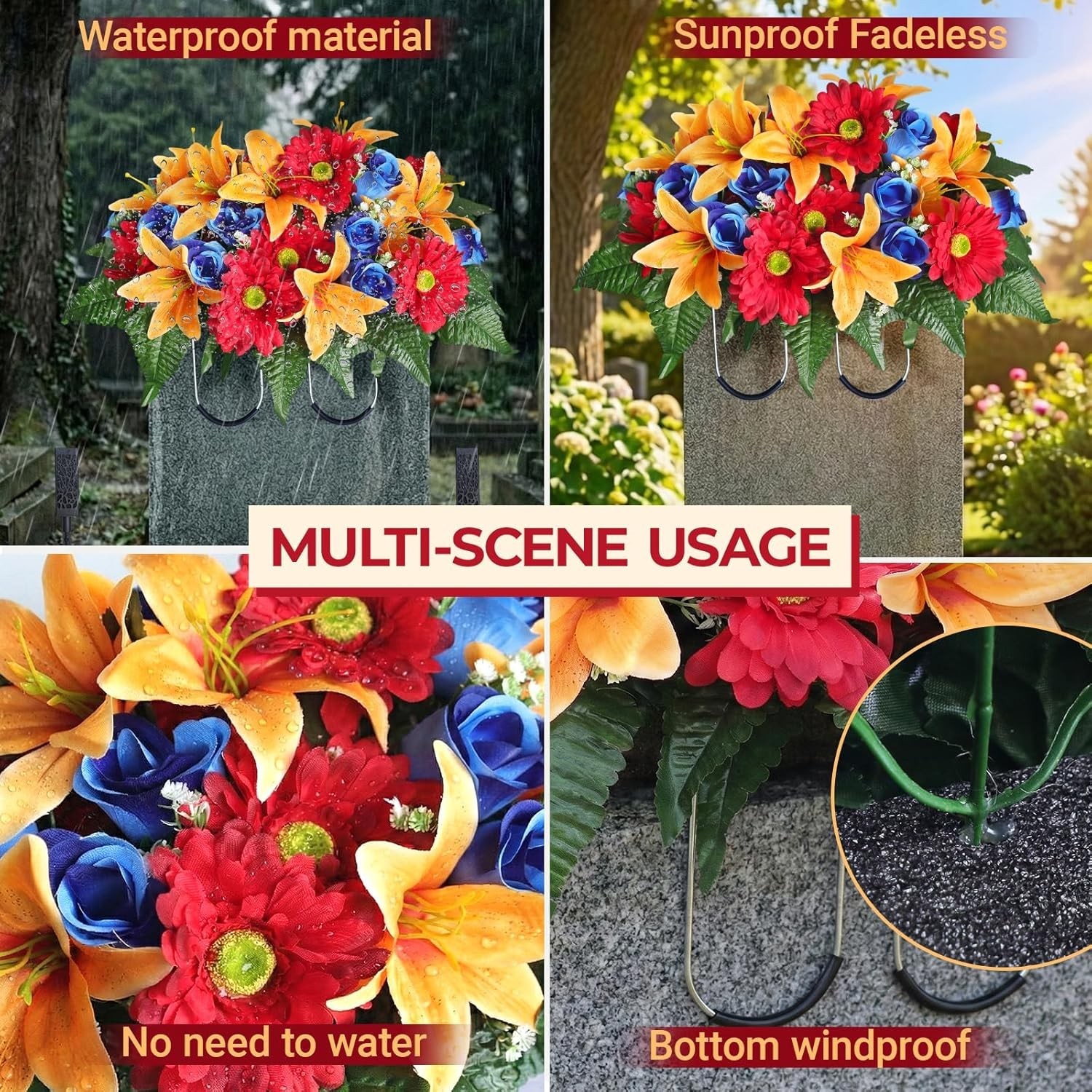 3 PCS Artificial Cemetery Flower Saddles, Cemetery Memorial Flowers with Vase fo