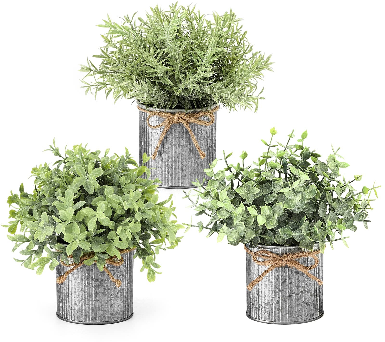 3 Inch Grey Artificial Plant Set in Galvanized Pot for Rustic Home Decor