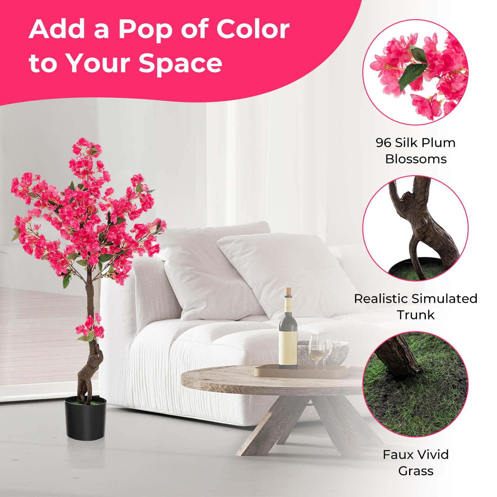 2 Pack 42″ Artificial Plum Blossom Tree w/ 92 Flowers & Realistic Trunk Indoor