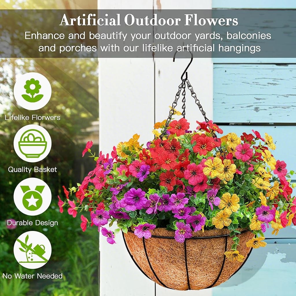 2 Set Artificial Outdoor Flowers with Hanging Basket for Garden Porch Patio B…